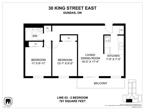 Floor plan for 2 beds, 1 bath, 781 sqft